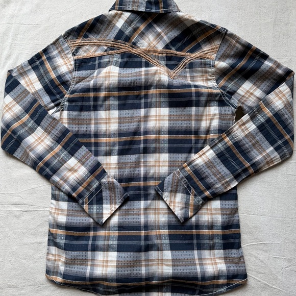 Buckle Black Men's Navy, Tan & White Plaid Button-Up Long Sleeve Shirt Small - Picture 4 of 9